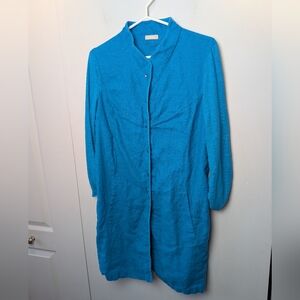 RIANI Blue 100% Linen Dress 3/4 Sleeves With Pockets Size 10 Pressure Buttons